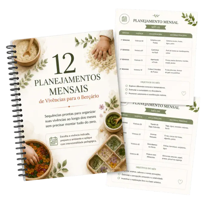 Mockup dos 12 Planejamentos Mensais de Vivências para o Berçário, com caderno e páginas de planejamento