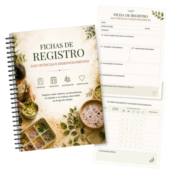 Mockup das Fichas de Registro das Vivências e Desenvolvimento, com caderno e fichas de acompanhamento