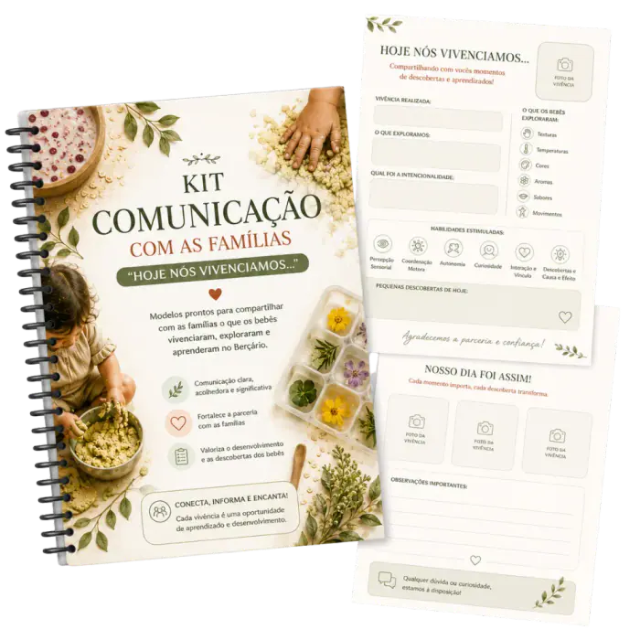 Mockup do Kit Comunicação com as Famílias — Hoje Nós Vivenciamos, com caderno e modelos de comunicação