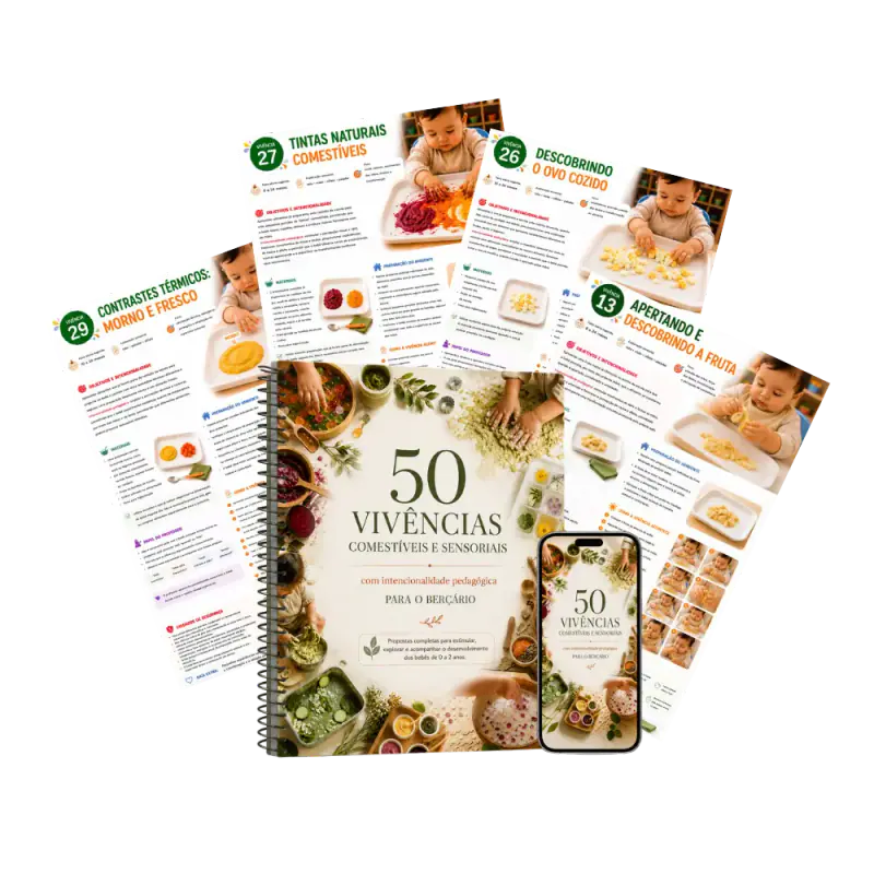 Coleção 50 Vivências Comestíveis e Sensoriais com caderno, celular e páginas das propostas
