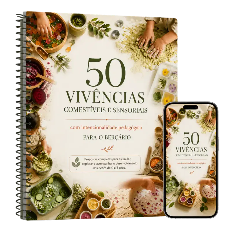 Mockup da coleção 50 Vivências Comestíveis e Sensoriais para o Berçário, em caderno e celular